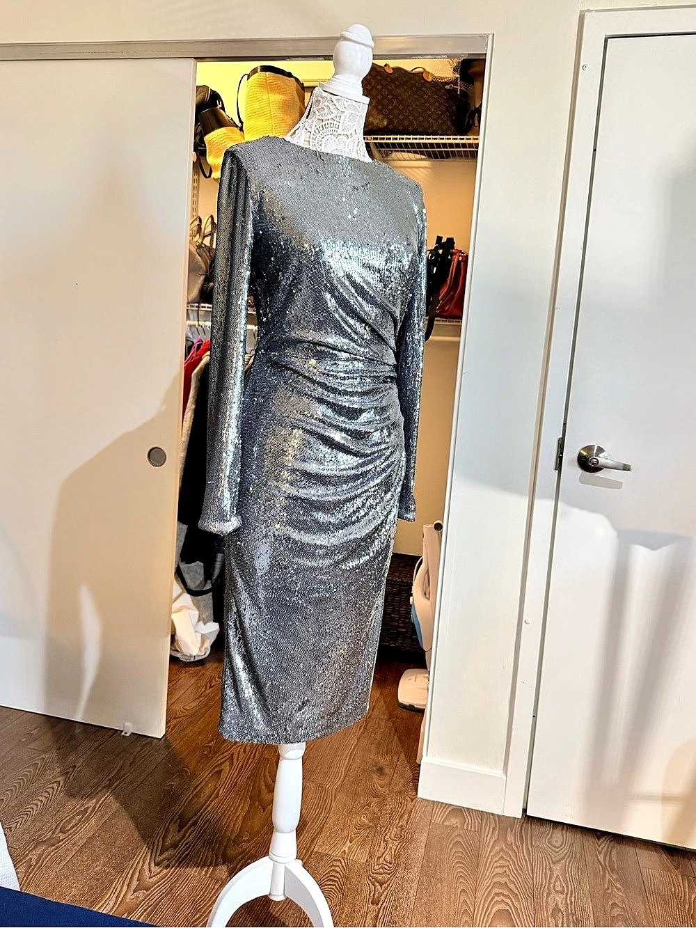 Metallic silver, sequined, mesh cocktail dress, Like New